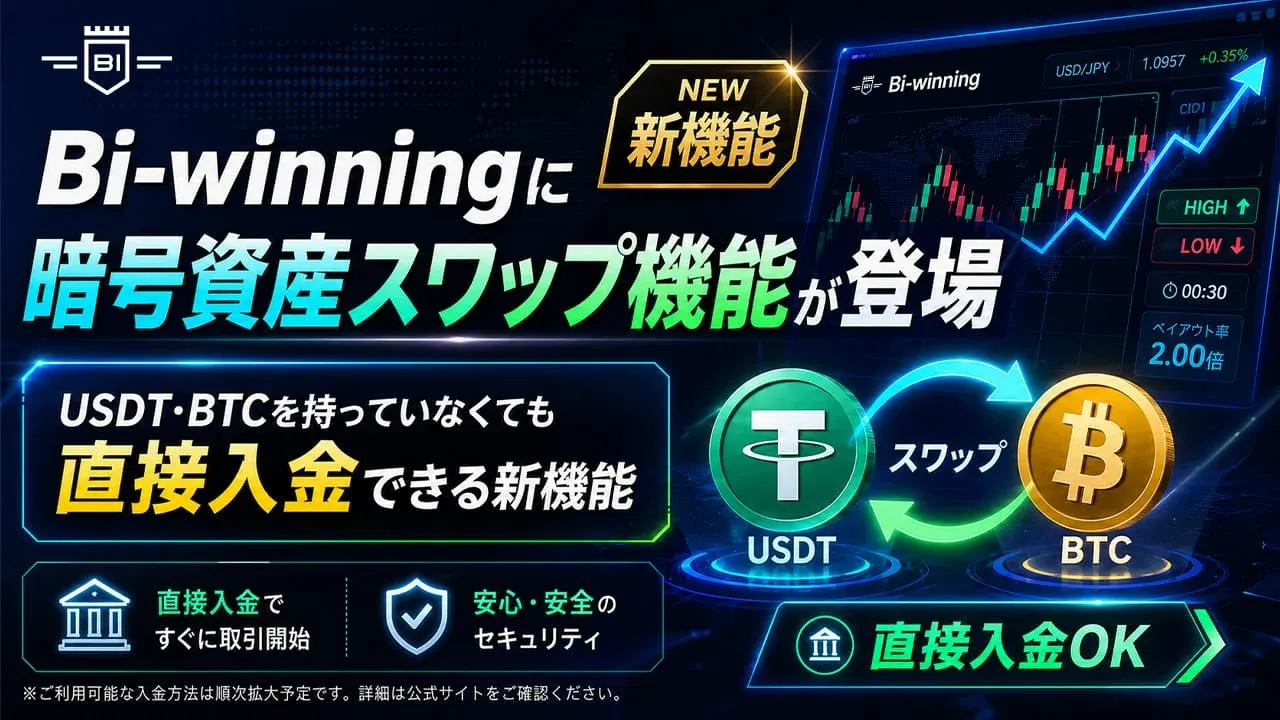 Bi-winningに暗号資産スワップ機能が登場｜USDT・BTCを持っていなくても直接入金できる新機能