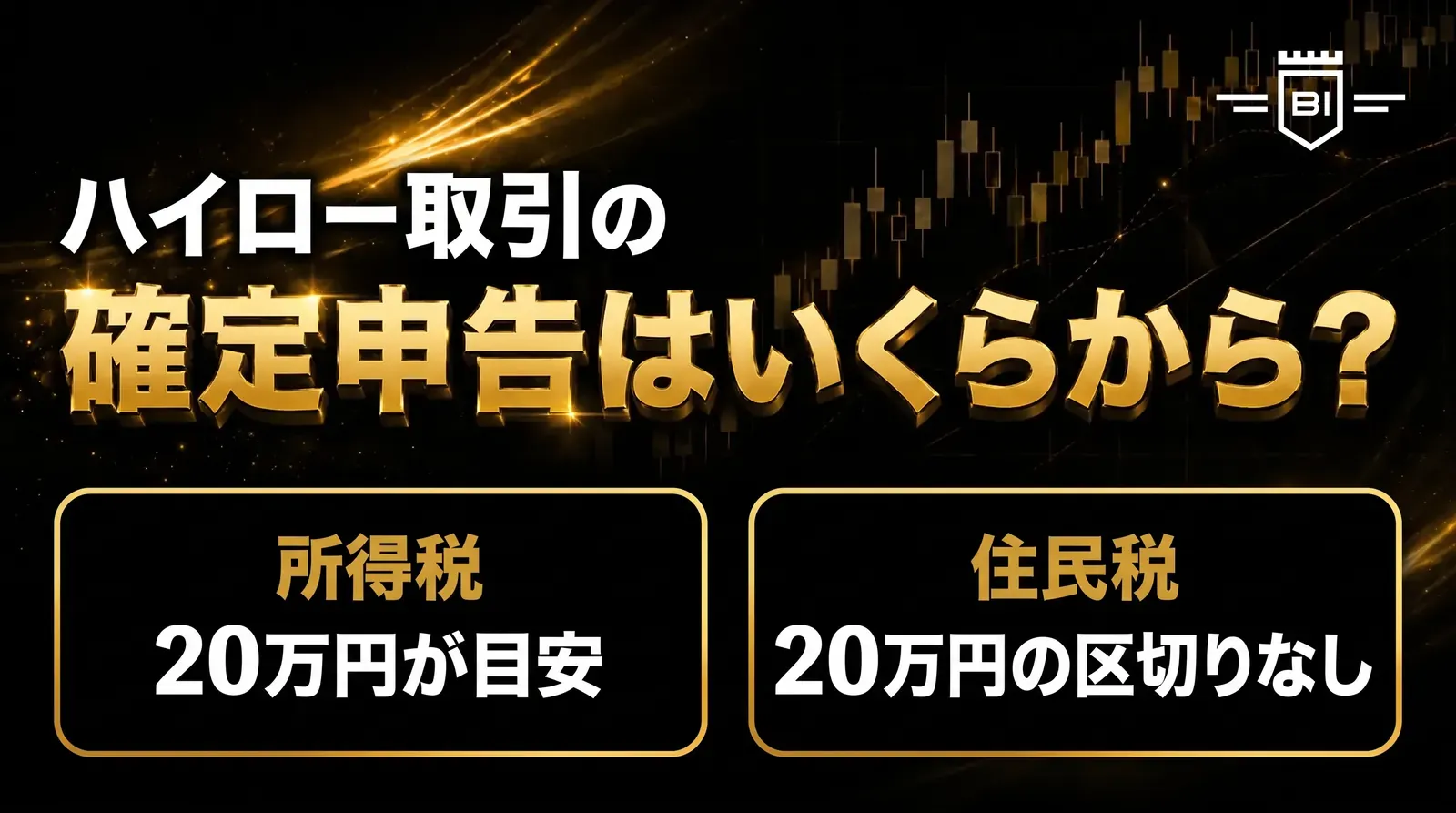 ハイロー取引の確定申告はいくらから必要かを、所得税は20万円が目安、住民税は20万円の区切りなしと対比して示したアイキャッチ